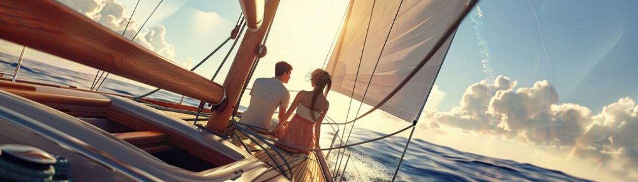 A couple sailing on a yacht, with the sun shining and the wind in their hair, 3DCG , up32K HD