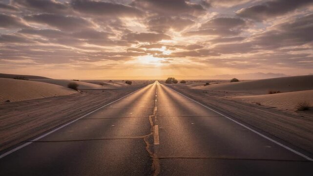 Lone road through desert toward glowing sunset over sand dune landscape with dramatic cloudlit sky and solitary warm light