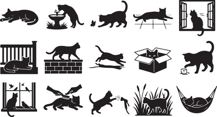 Obraz premium Collection of black cat silhouettes in various playful poses and settings isolated on white background, Vector