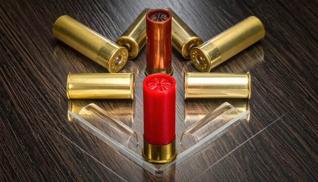 Collection of shotgun shells including red and brass casings arranged on a reflective surface