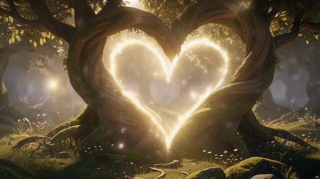 Magical firefly forest glowing with soft sunlight as two ancient twisted trees form heart shaped tree trunk portal glowing with