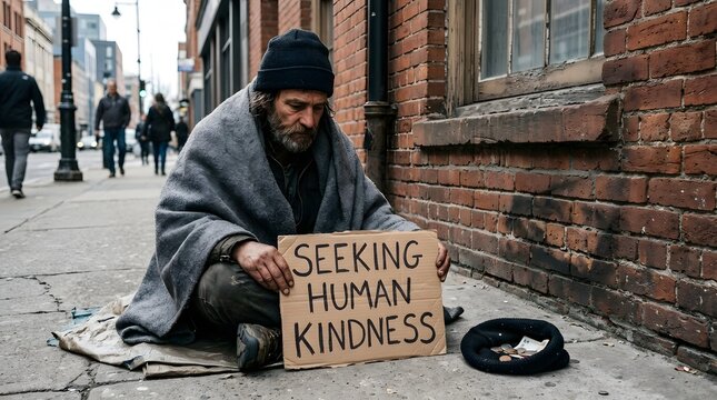 Homeless man sitting on sidewalk with cardboard sign asking for human kindness