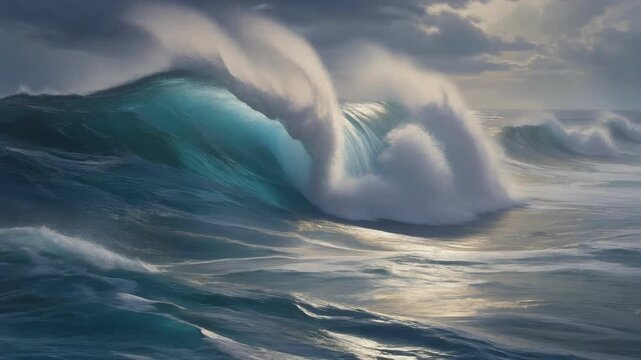 Majestic ocean wave crest crashes under glowing sky with turbulent sea water surf coastal swell and dynamic powerful light motion