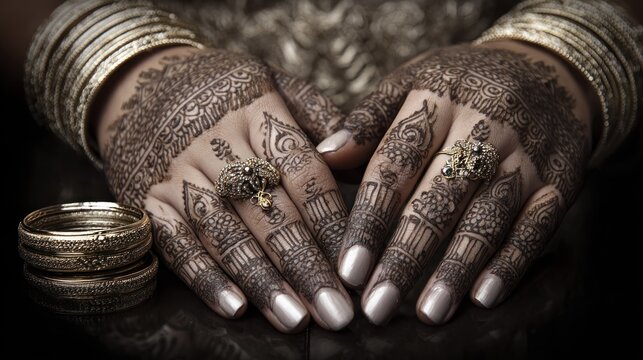 Intricate temporary body art decorates the hands adorned with metallic jewelry and bracelets