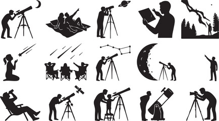 Collection of silhouettes of people stargazing with telescopes and looking at the night sky isolated on white background, Vector © shihab