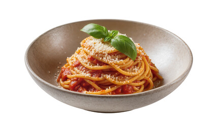 Fototapeta premium Spaghetti with tomato sauce and basil garnish in a bowl
