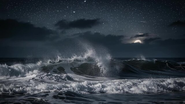 Night ocean waves crashing starry sky with moonlight glinting powerful surf, mesmerizing moonlit seascape of crashing waves