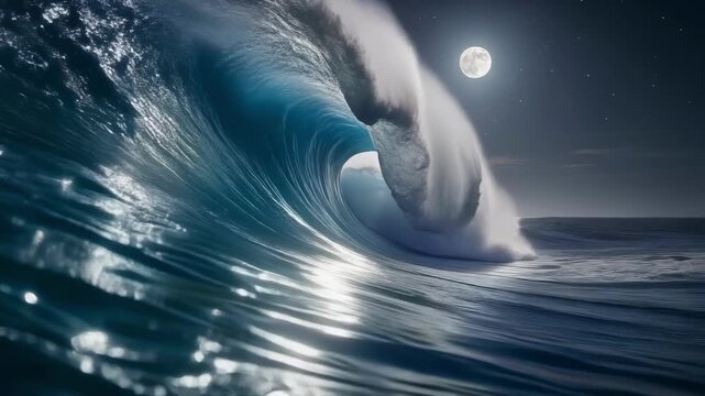Moonlight ocean wave curl full moonlight surf night, luminous moonlit ocean curl into glowing hollow tube, dramatic reflective