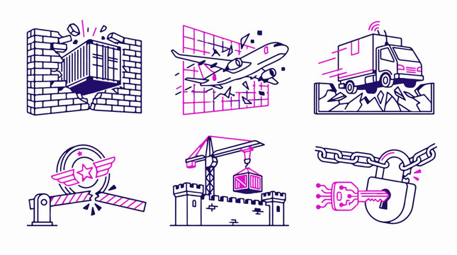 Set of six vector icons depicting logistics and security concepts with shipping containers airplane delivery truck barrier crane and digital padlock