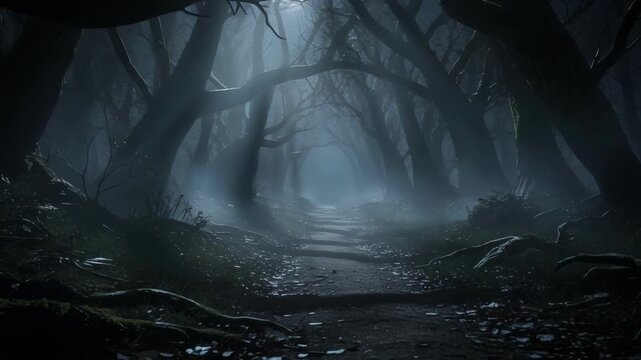 Misty forest path at night with twisted bare trees arching overhead casting eerie shadow and quiet mood soft moonlight