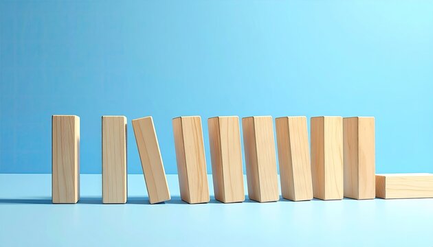 Domino Effect of Wooden Blocks on a Blue Background.