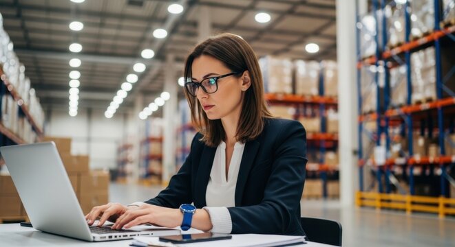 Woman works on a laptop inside a warehouse with shelves of boxes in the background