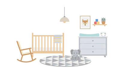 Fototapeta premium Modern Nursery Room with Crib Changing Table Rocking Chair and Elephant Toy