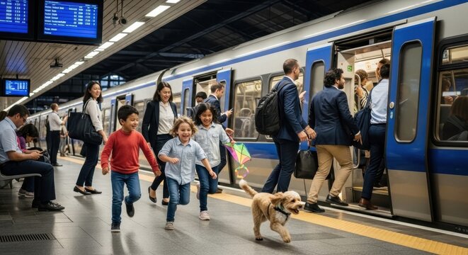 Commuters Boarding Trains During Rush Hour and Kids Playing and Pets Running Outdoors.