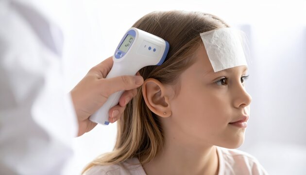 Doctor measures young child's ear temperature with a digital thermometer, assisting in health monitoring