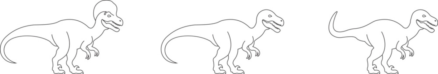 Dinosaur icon set, black vector collection of prehistoric reptile group in line style T-Rex raptor cartoon dino ancient animal silhouette and outline fossil isolated on transparent background © WaQar