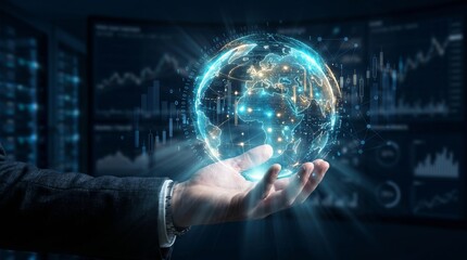 Fototapeta premium Hand Holding Glowing Digital Earth Globe with Financial Market Data Analytics Interface