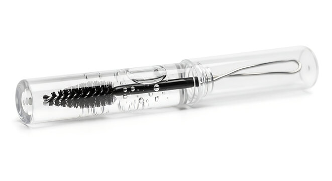 Clear tube with mascara wand and lash serum applicator, beauty product isolated on white
