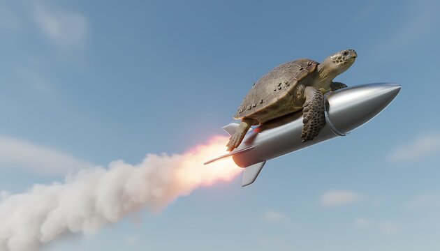 Sea turtle, riding silver rocket with flames and smoke, against blue sky with clouds, symbolizing speed, innovation, and progress.