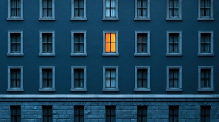 Obraz premium A single lit window stands out in a large dark building at night, showing a warm glow against the cold exterior.