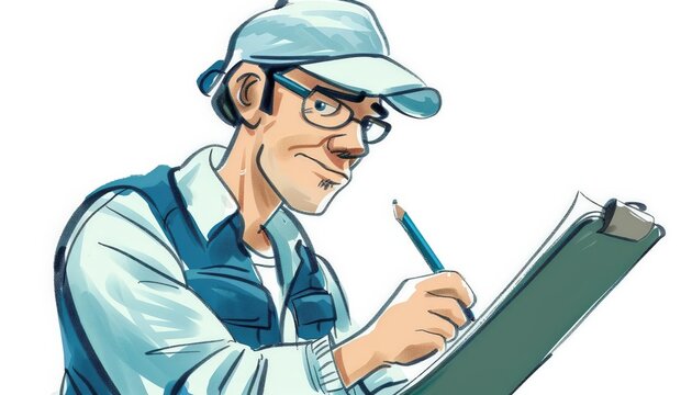A cute cartoon Style ofA close-up of a quality assurance inspector using digital tools