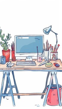 A cute cartoon Style ofA creative workspace with art supplies and a computer