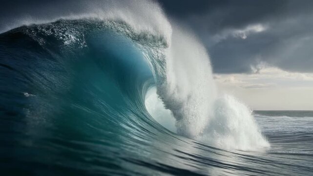 Powerful ocean wave curls and crashes moody sky capturing raw energy and dramatic beauty with surf barrel swell and water spray