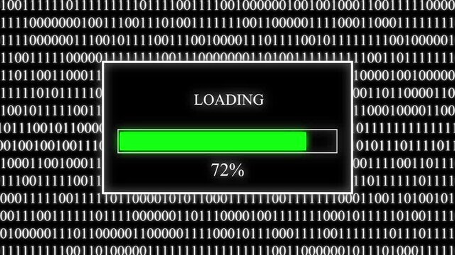 Abstract digital loading bar showing 1-100 percent progress over a background of white binary code ones and zeros on a black screen representing data processing