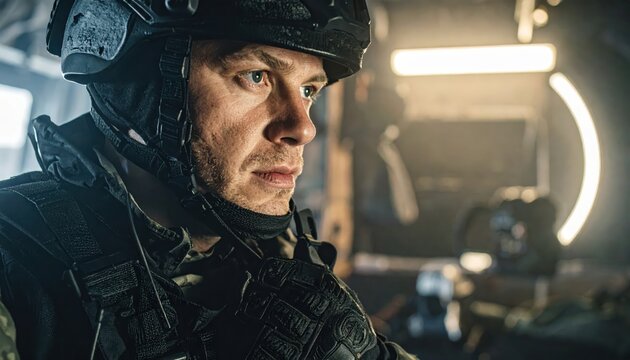 Determined Soldier Adjusting Ballistic Helmet Strap in Intense Tactical Setting