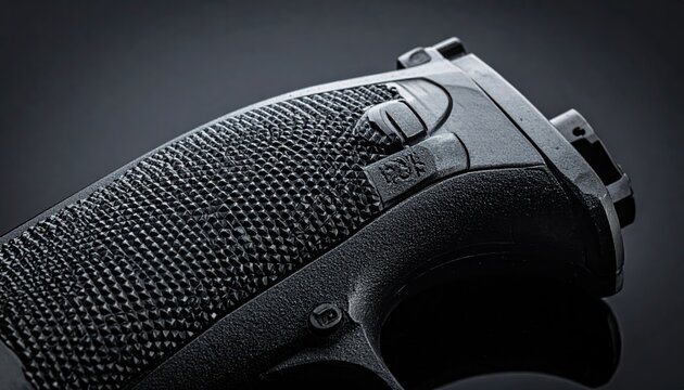 Detailed close-up of a modern handgun's textured ergonomic grip, showcasing its precise design and secure material.