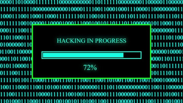 Hacking in progress status bar with 1-100 percent loading shown over a background of cyan binary code ones and zeros on a black screen representing cyber threats