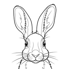 Fototapeta premium Black and white line art portrait of a rabbit face with long ears and whiskers.