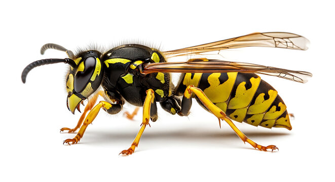 Striking full-body close-up of an isolated common yellowjacket wasp with distinct black and yellow patterns on a white background