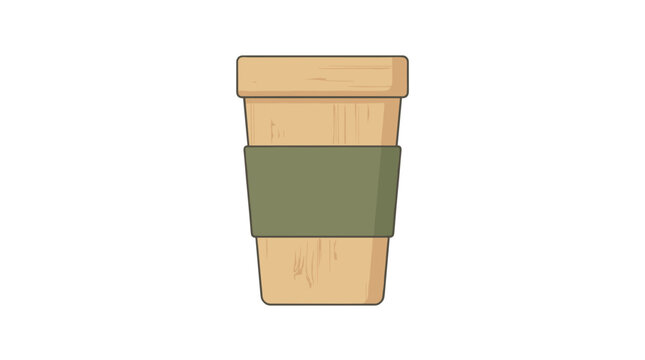 Simple illustration of a disposable coffee cup with a green band and wooden texture