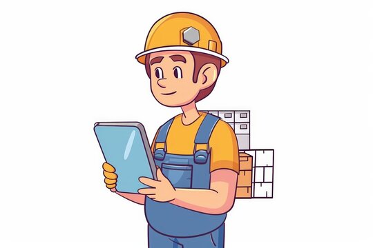 A cute cartoon Style ofA factory worker using a tablet to access digital work instructions