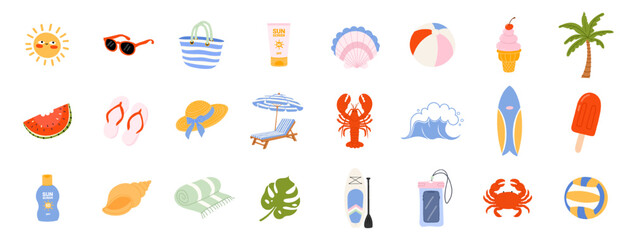 Summer beach clipart set with palm tree, sun, sunglasses, ice cream, lobster and surf accessories. Vector vacation elements for stickers, greeting card, poster © Svitla