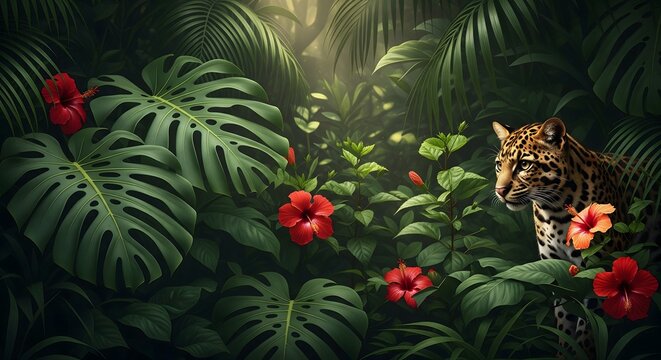 A leopard hiding among tropical jungle leaves and vibrant red flowers