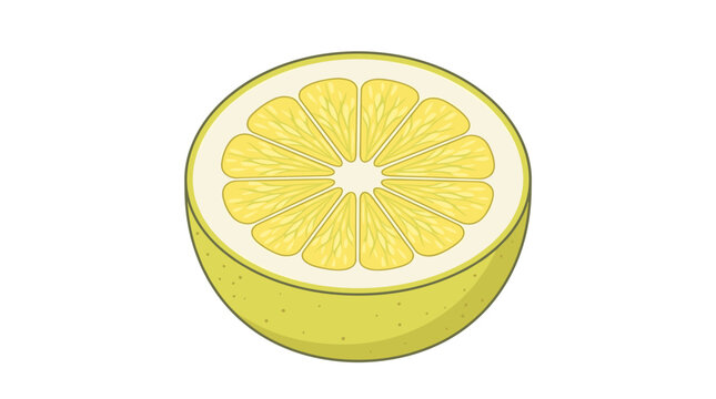 Half of a ripe yellow grapefruit cut in half showing juicy segments and white pith isolated on white background