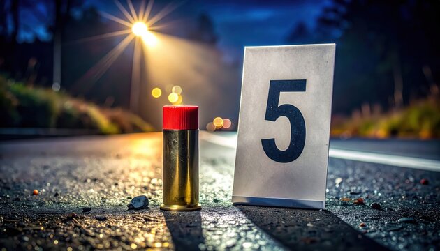 Crime scene evidence marker number five next to a spent shotgun shell on asphalt at night