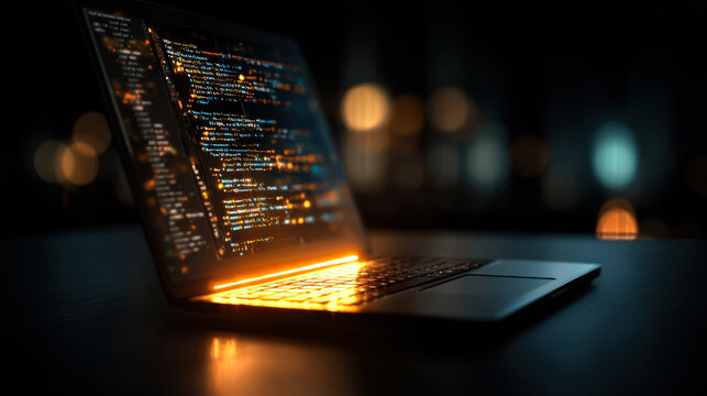 Coding session takes place on a laptop with bright screen showing lines of text and lights in the background at night