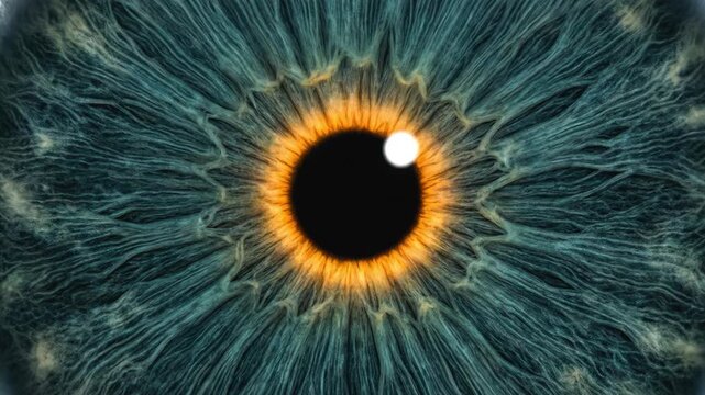 Extreme macro close up of blue and orange human eye iris. Dilating pupil close up. Biometric scanning and security retina concept