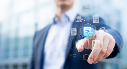 GRC Officer hands holding manual policy framework procedure legal regulatory network connections...
