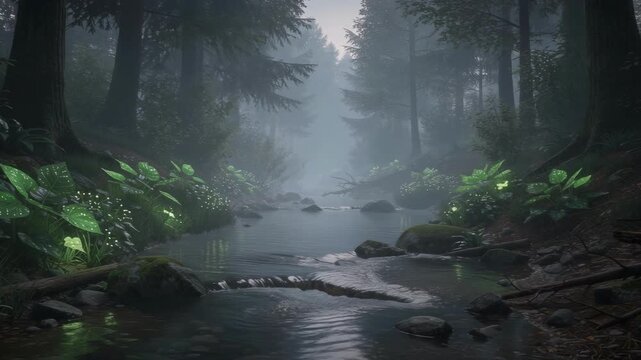 Misty forest stream with glowing firefly lights among lush green plants and foggy mist creating serene magical atmosphere
