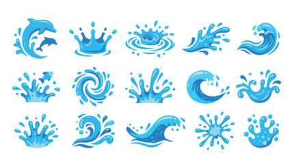 Obraz premium Collection of various blue water splash and wave illustrations showing dynamic motion and fluidity in different shapes