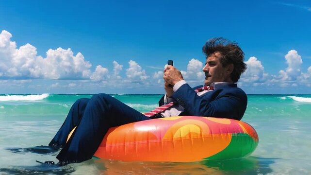 Businessman in full suit floating on inflatable ring in ocean and checking smartphone. Remote work on vacation concept. Freelance business in tropical sea