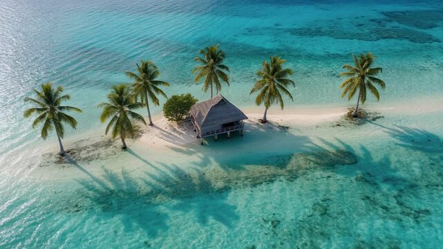Serene bungalow turquoise ocean palm tree sand shadows tropical bungalow tiny sand cay with turquoise water swaying palm tree