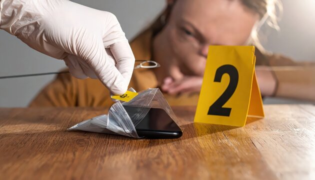 Crime scene investigator's gloved hand places an evidence tag on a sealed plastic bag containing a smartphone, with a numbered marker nearby.