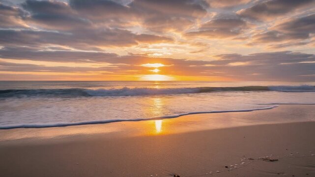 Firefly serene ocean wave caress sandy shore golden sunrise reflection wet sand peaceful morning glow with calm wave and soft