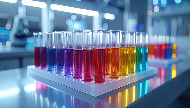 Color-coded evacuated blood collection tubes standing upright in a laboratory rack