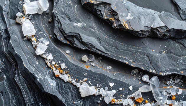 Close-up of Layered Slate Rock with Mineral Inclusions.